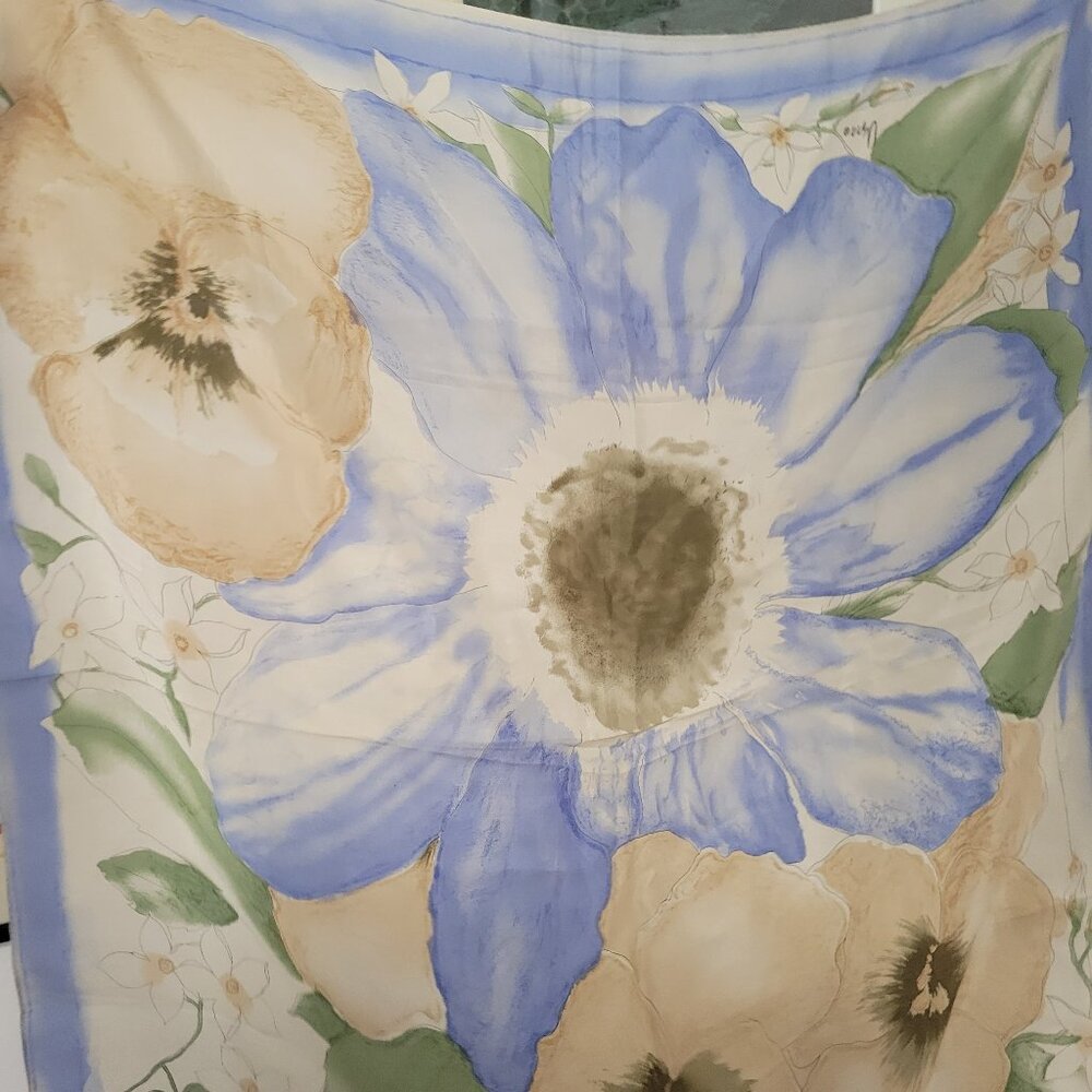 Vintage Vera Prima  Floral Pale Blue/Cream Silk Scarf